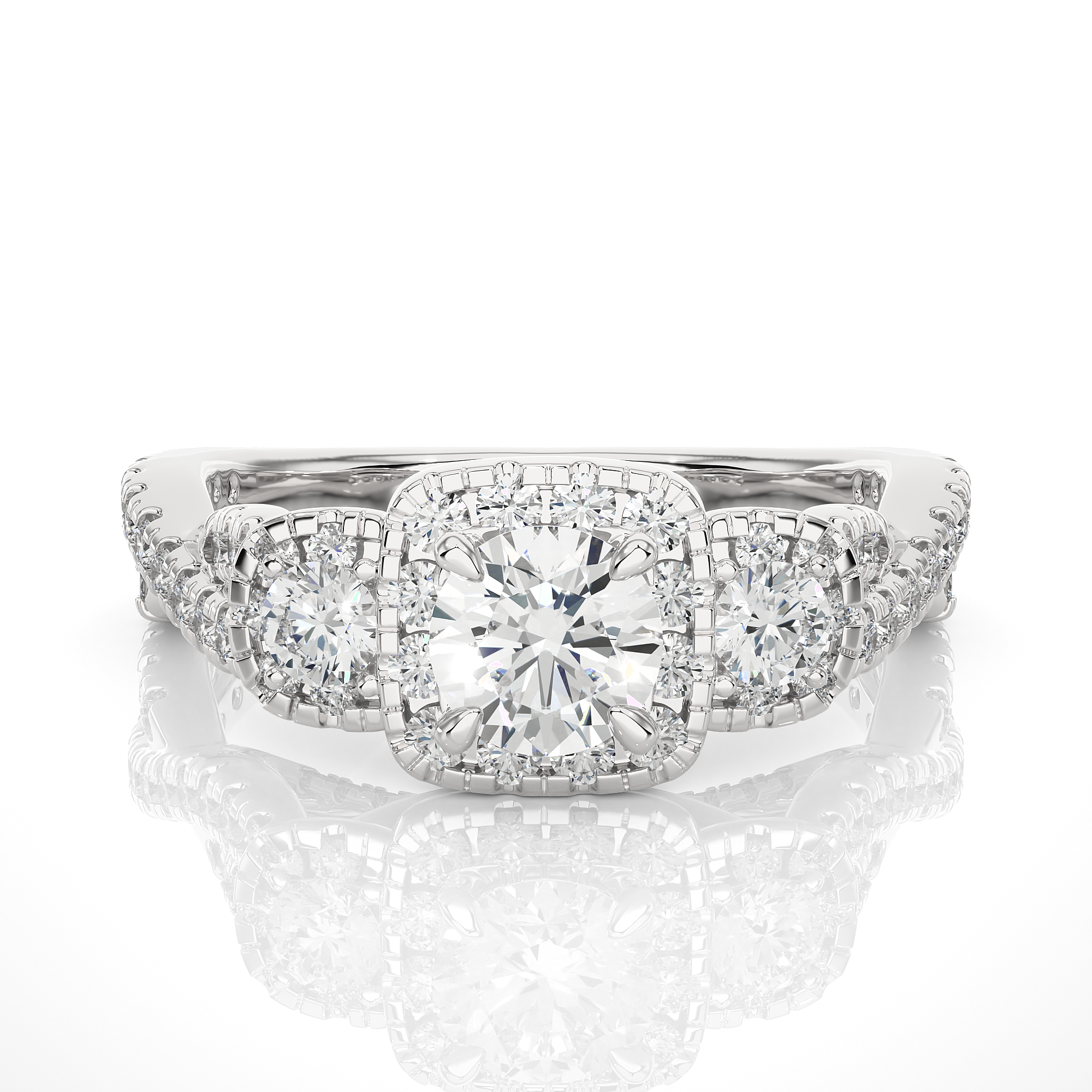 Halo-Set Three-Stone Diamond Engagement Ring