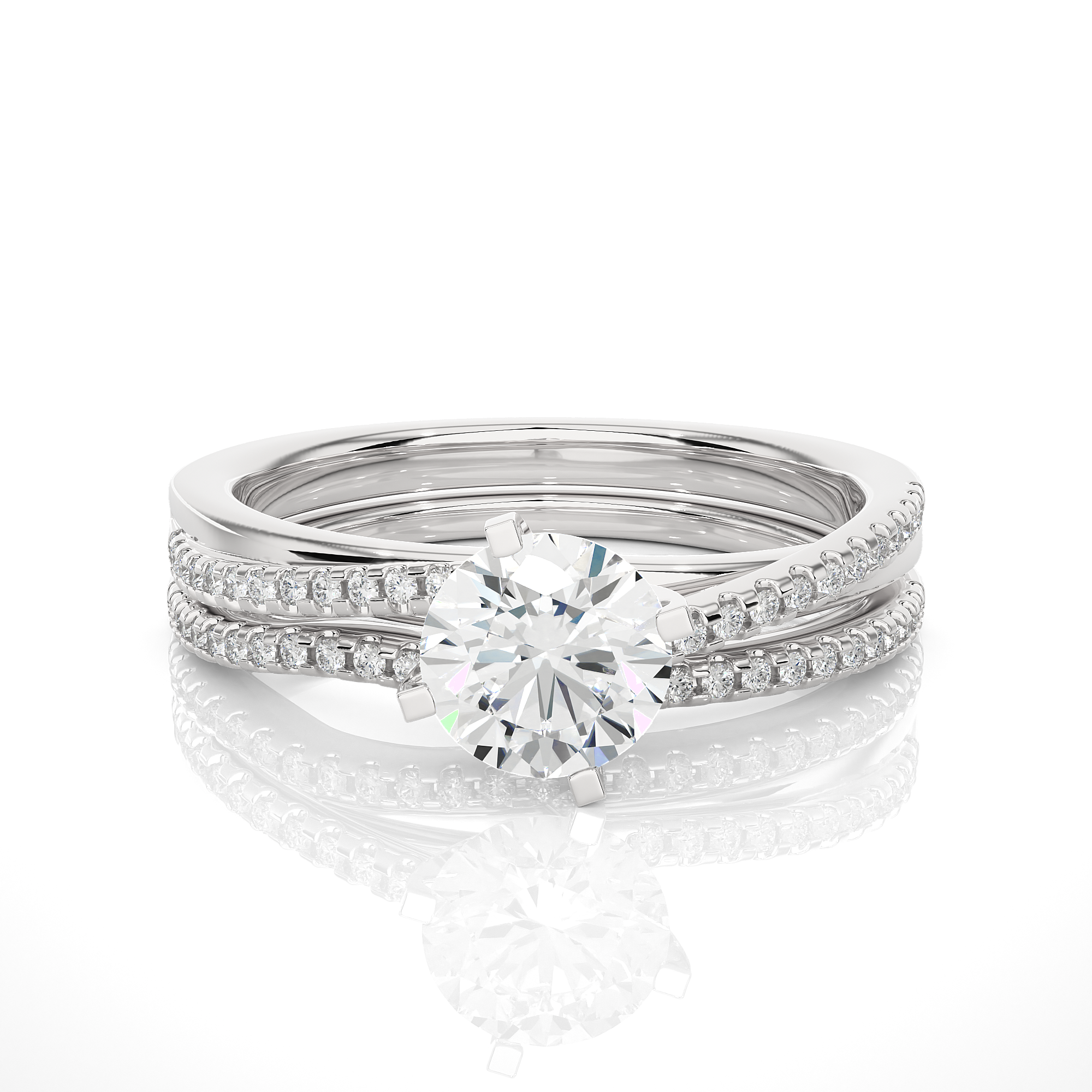 Round-Cut Diamond Engagement Ring with Dual Accent Bands