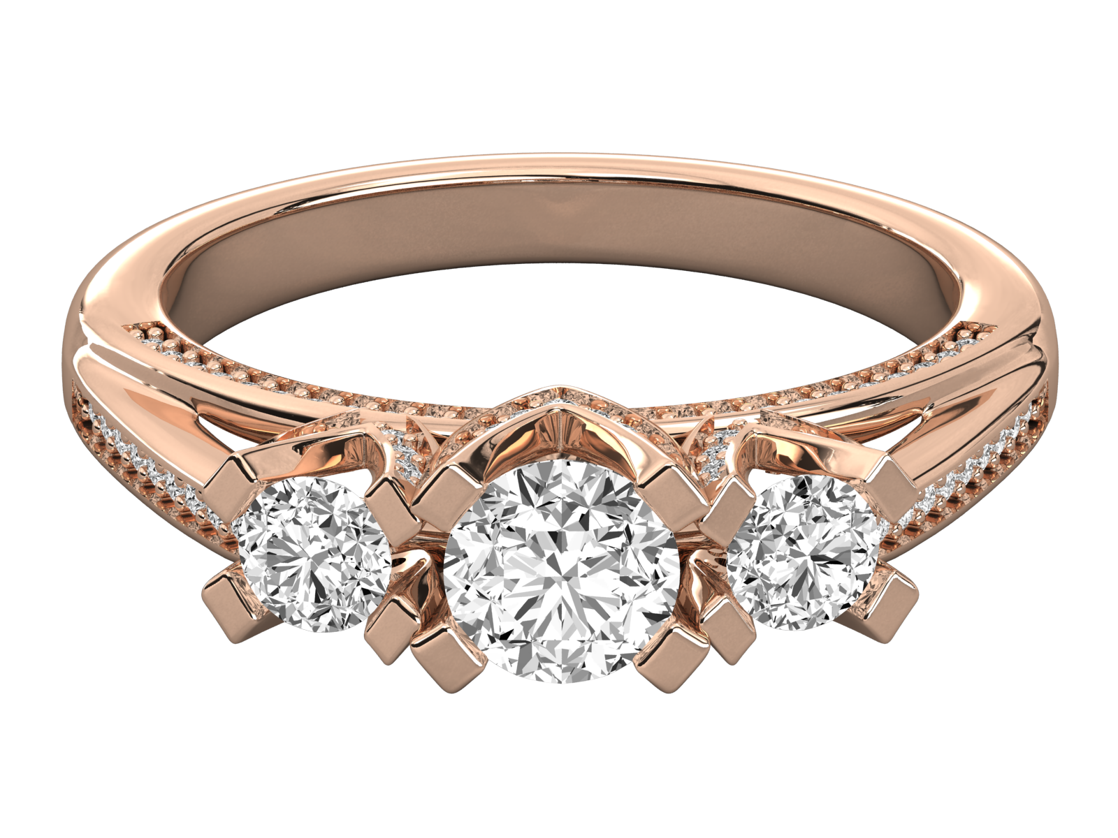 Pave-Set Three-Stone Diamond Ring
