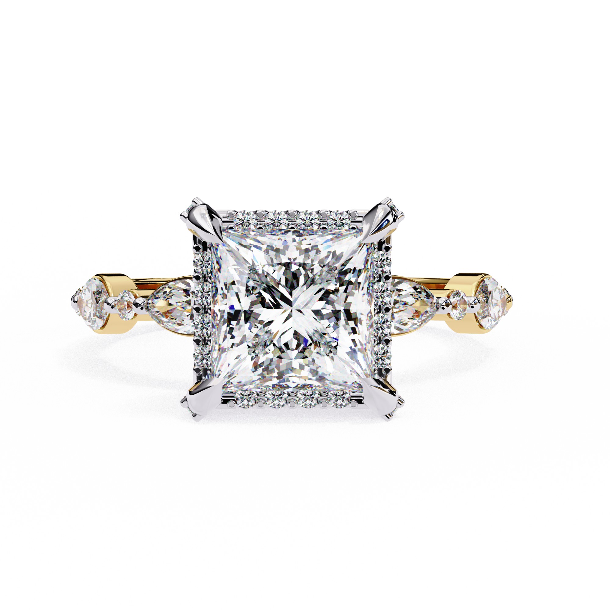 Princess-Cut Halo Diamond Ring with Marquise Accents Band