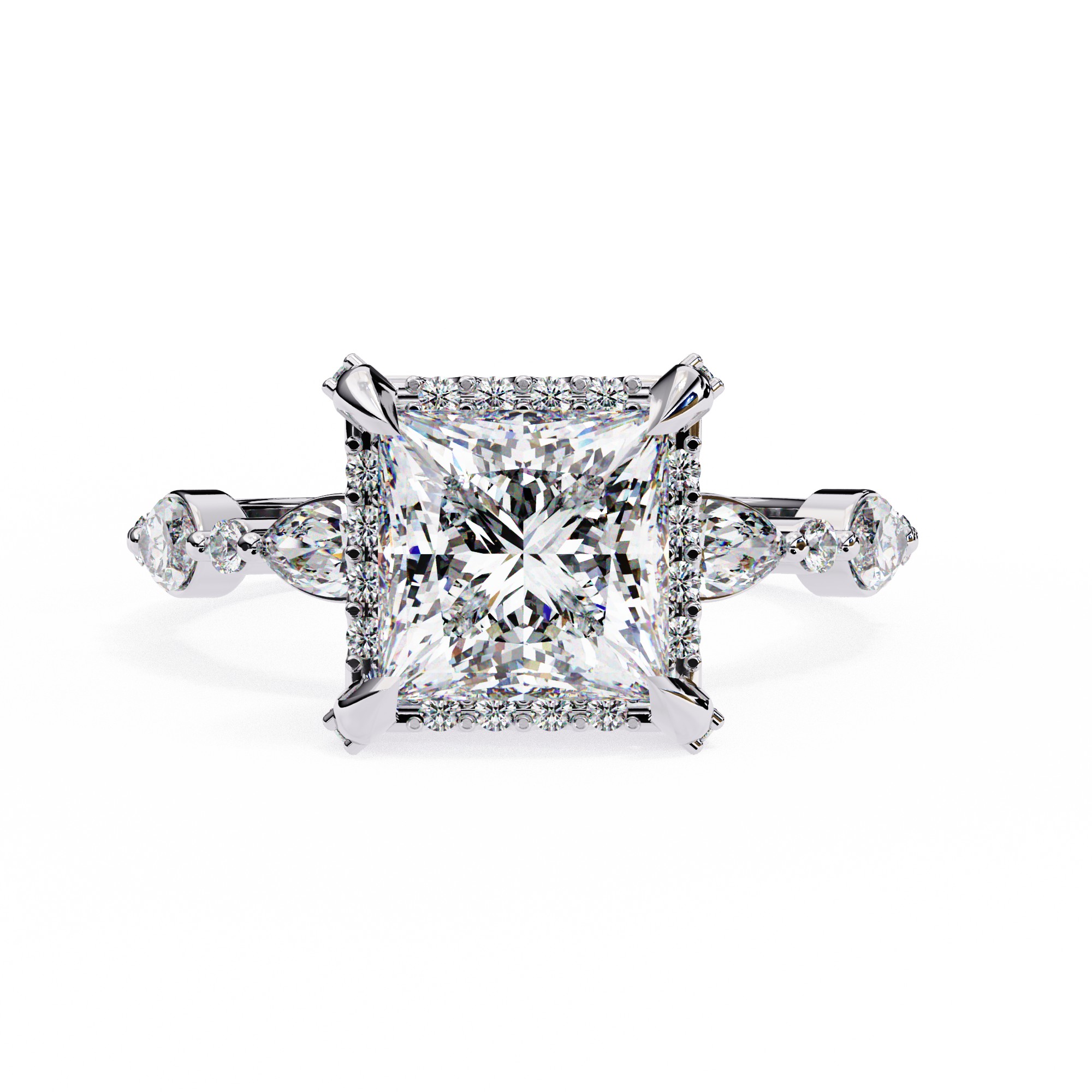 Princess-Cut Halo Diamond Ring with Marquise Accents Band