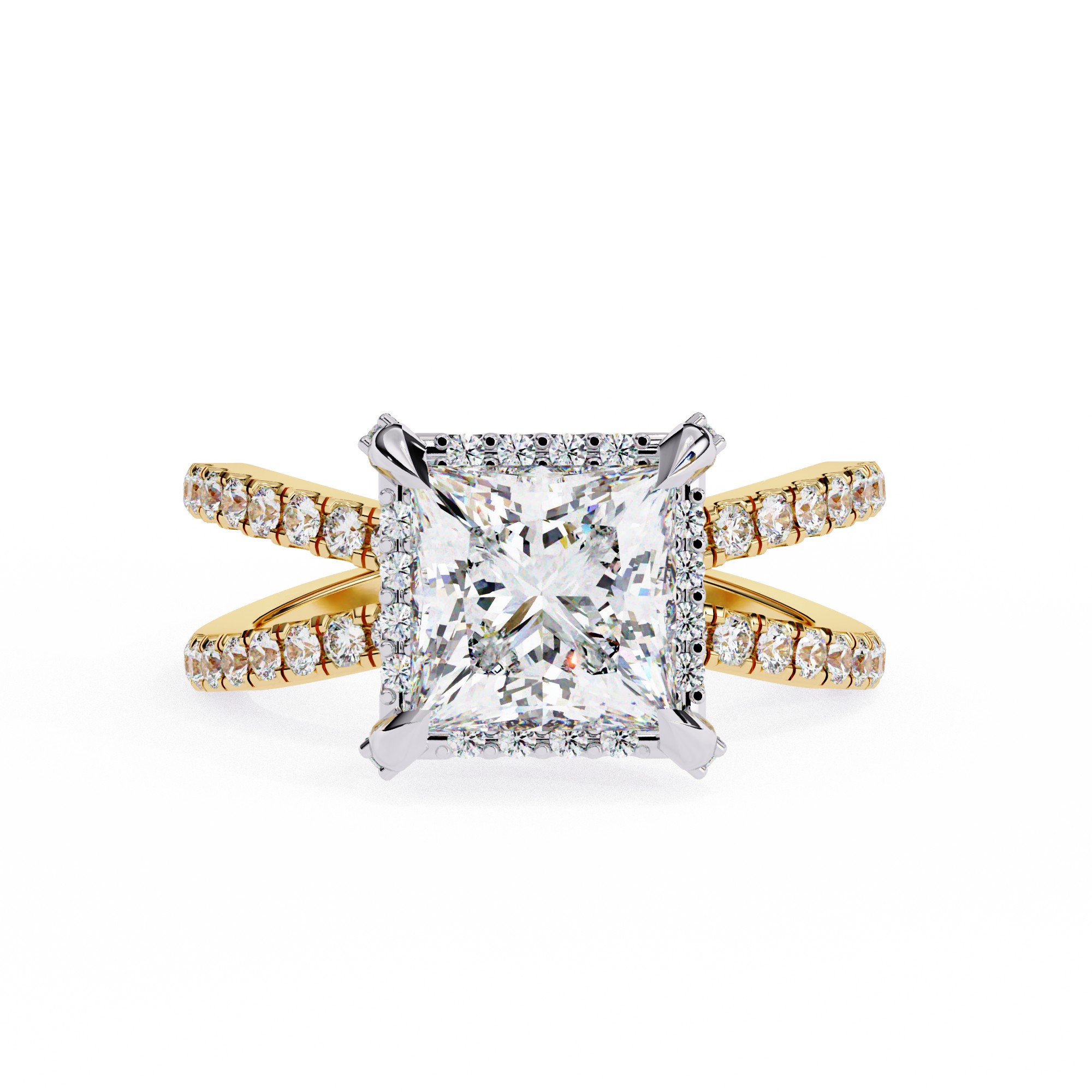 Princess-Cut Halo Diamond Ring with Split Shank Band