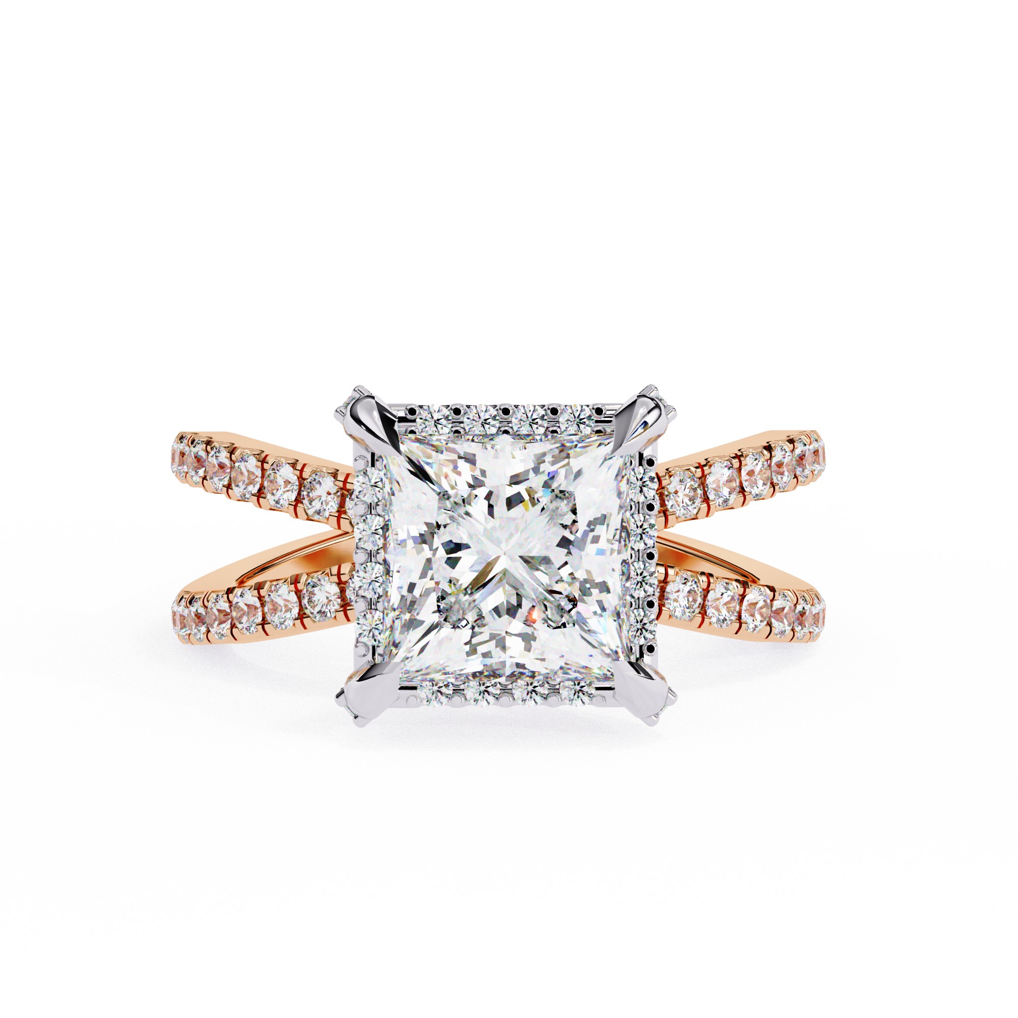 Princess-Cut Halo Diamond Ring with Split Shank Band