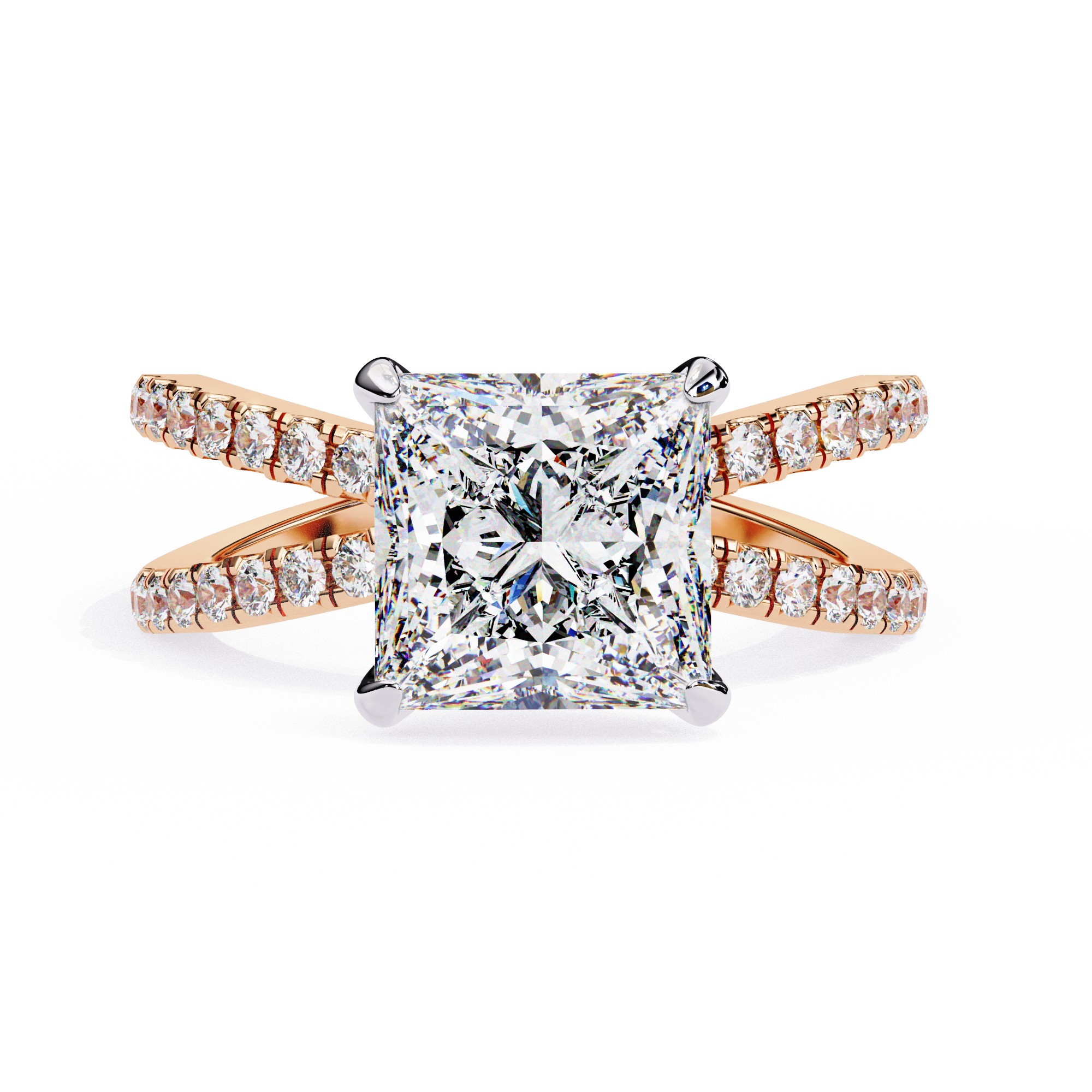 Princess-Cut Diamond Ring with Criss-Cross Pavé Band