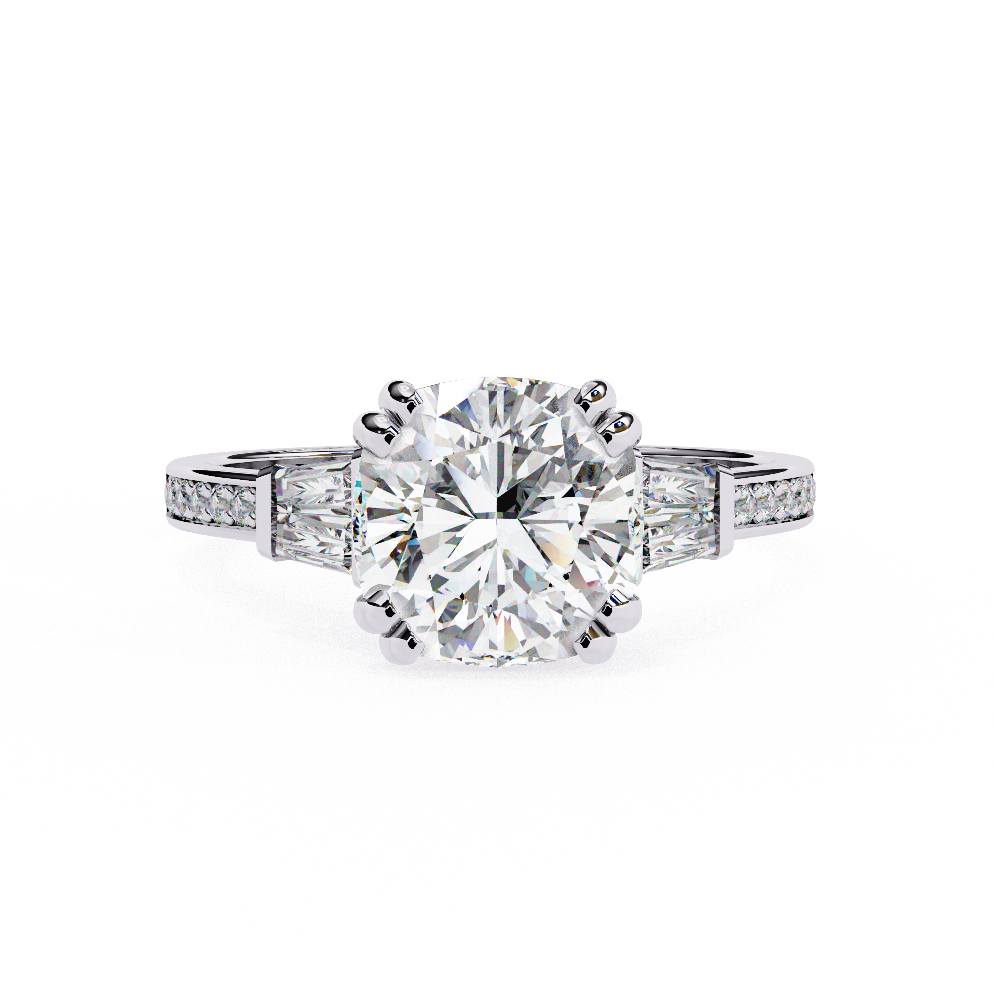 Round Brilliant Diamond Ring with Tapered Baguettes & Pavé Band