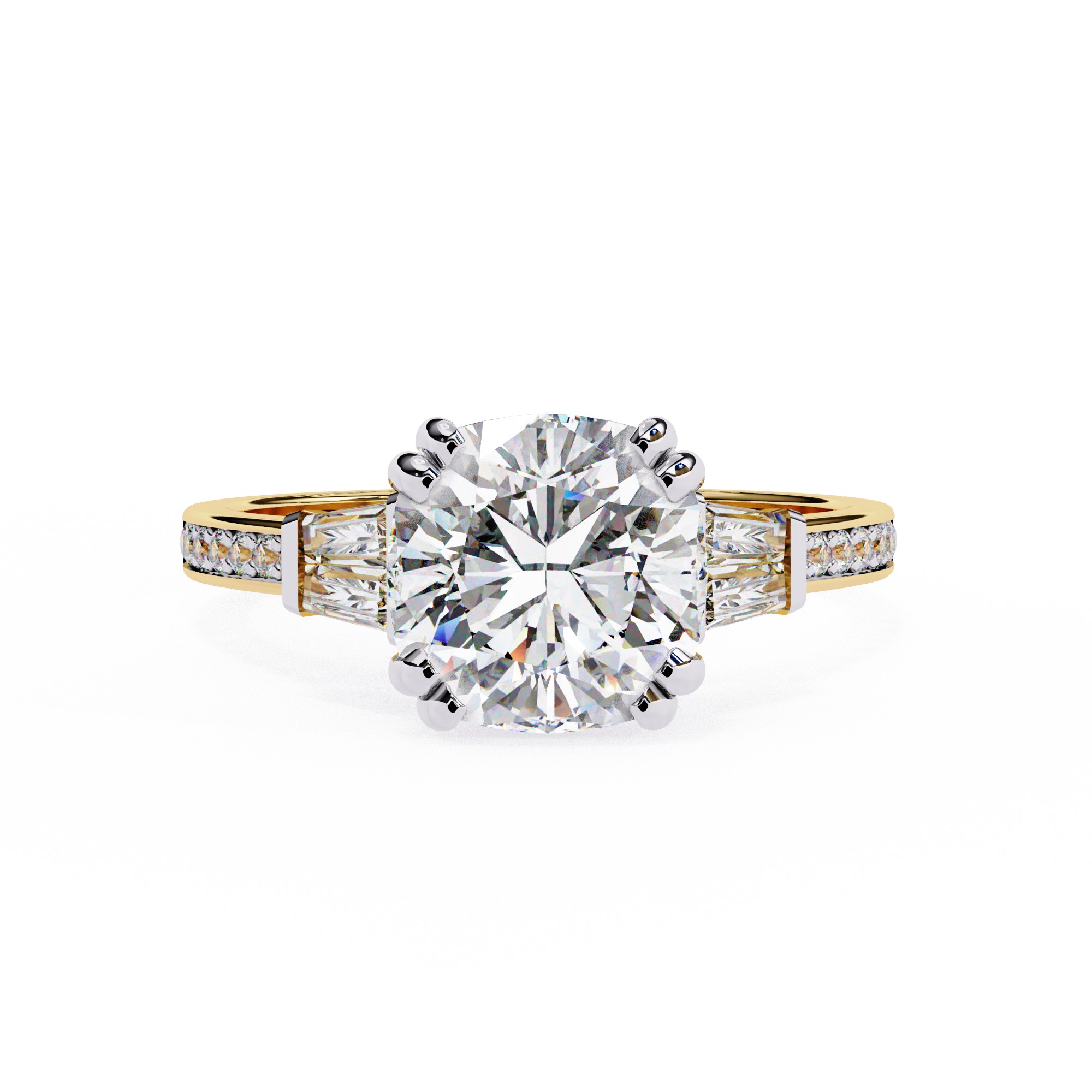 Round Brilliant Diamond Ring with Tapered Baguettes & Pavé Band