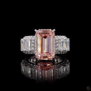Pink Emerald Cut 4 Carat Lab Grown Diamond Ring  Emerald Cut Side Diamonds  Luxury Engagement Ring  Statement Bridal Jewelry Anniversary Gift 14 kt Gold