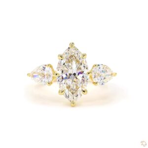 Marquise Cut 2 Carat Diamond Engagement Ring Pear Side Stones Ring Yellow Gold 14Kt Bridal Ring Unique Three Stone Ring Vintage Inspired Promise Ring