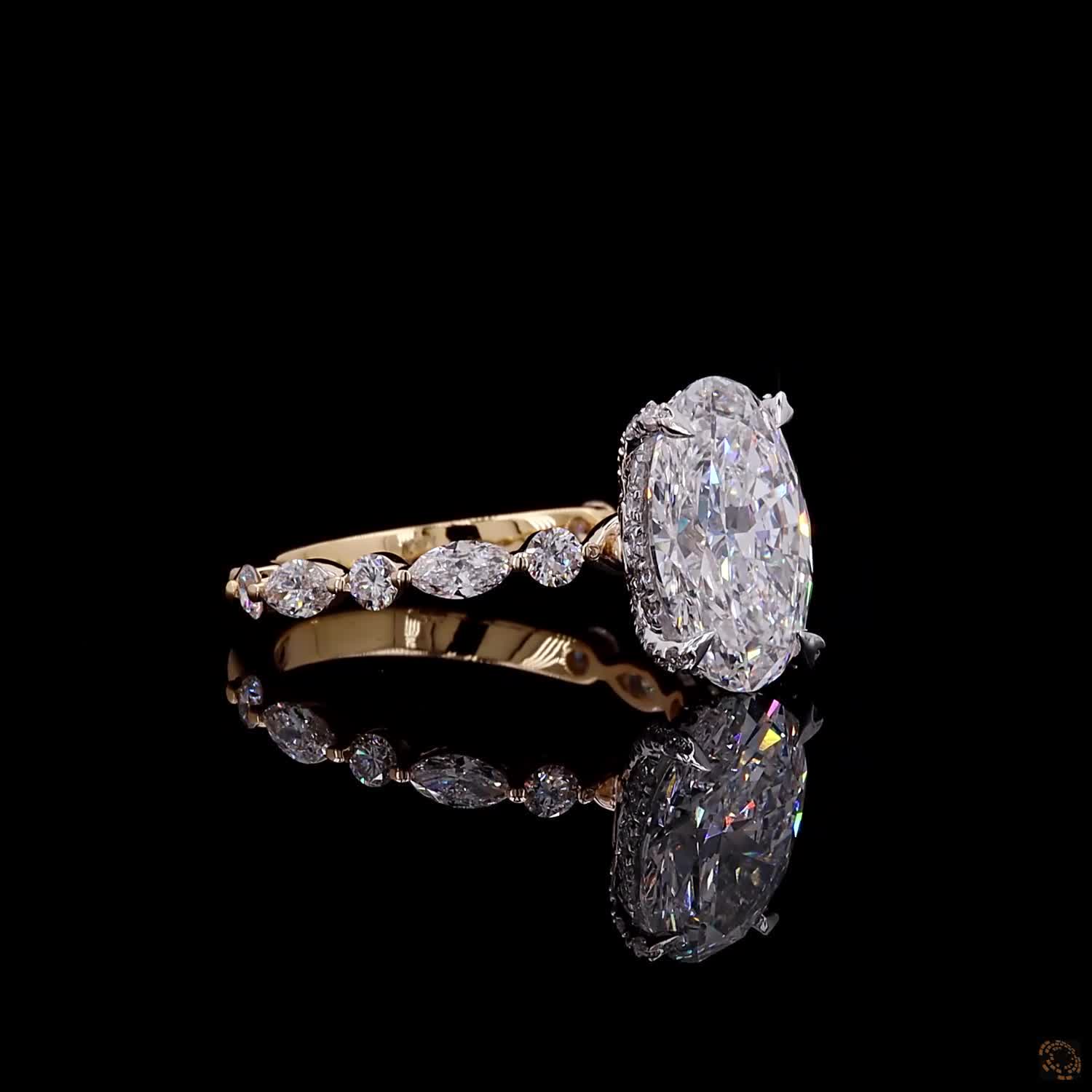 Oval Cut 3 Carat Diamond Engagement Ring Halo Diamond Ring Yellow Gold 14 kt Wedding Ring Vintage Inspired Bridal Ring Leaf Band Diamond Ring - Image 3