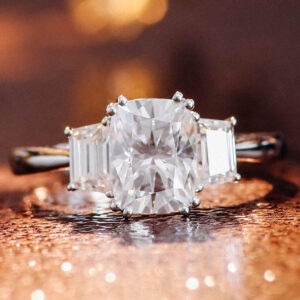 Cushion Cut 2 Carat Center Diamond 3 Stone Lab Grown Diamond Engagement Ring Emerald Cut Side Diamond Classic White Gold Proposal Ring