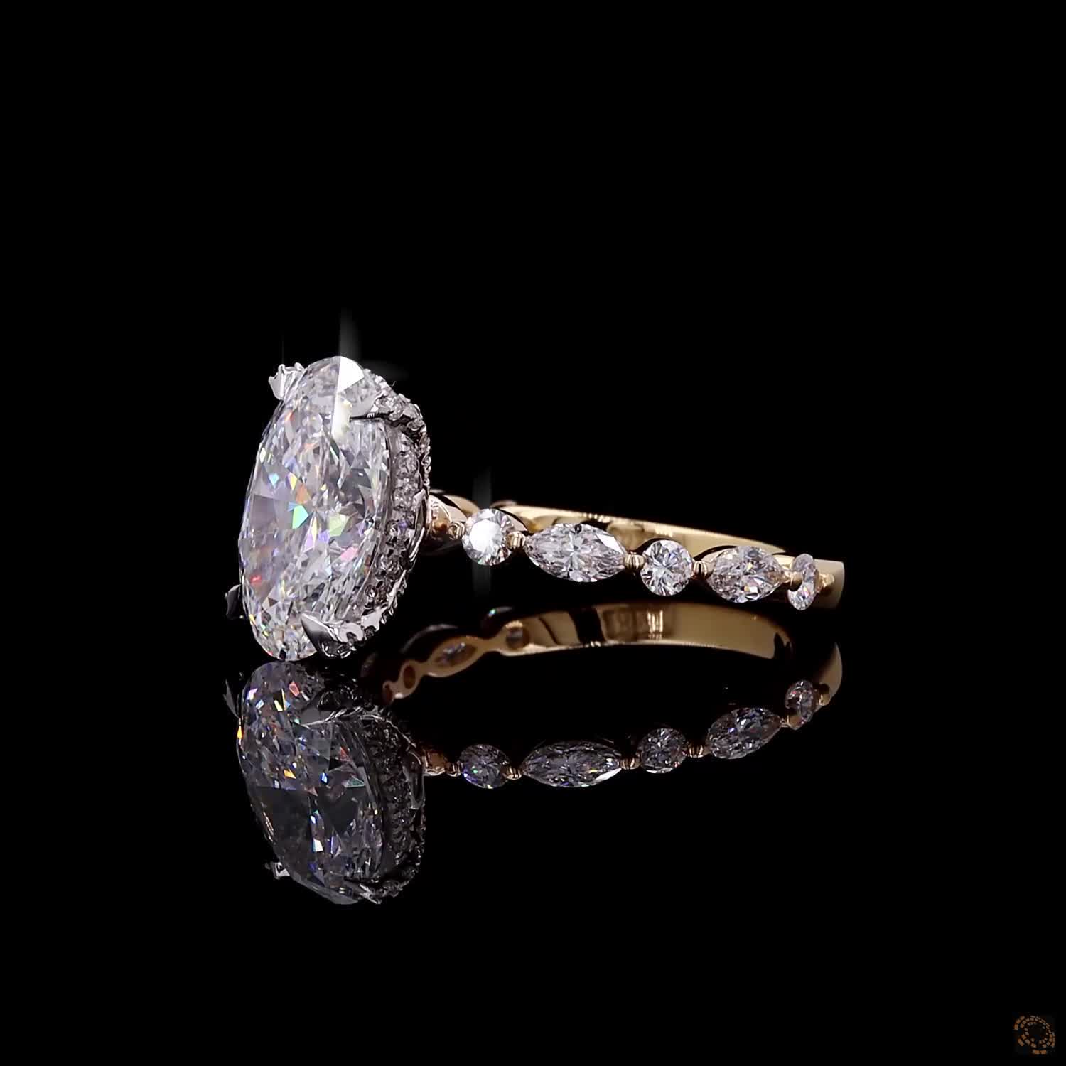 Oval Cut 3 Carat Diamond Engagement Ring Halo Diamond Ring Yellow Gold 14 kt Wedding Ring Vintage Inspired Bridal Ring Leaf Band Diamond Ring - Image 4