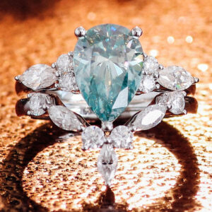 Teal Lab Grown Diamond Engagement Ring Set Pear Cut 3 Carat Blue Diamond Ring Vintage Halo Bridal Set Marquise Wedding Band Unique Proposal Ring 14kt gold