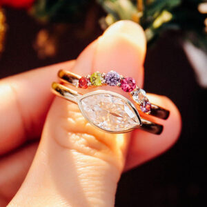 Marquise 2 Carat Lab Grown Diamond Engagement Ring Set Rainbow Gemstone Wedding Band Unique Bridal Set Yellow Gold Diamond Ring Colorful Anniversary Ring 14kt gold