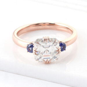 Asscher Cut Diamond Ring with Blue Sapphire Accent, Rose Gold Engagement Ring, Vintage Art Deco Style, Unique Promise Ring, 2 Carat Lab Grown Diamond Ring 14K Gold