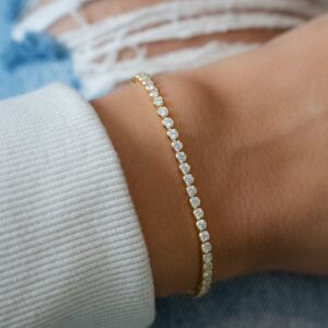 Delicate Round Brilliant Cut Diamond Tennis Bracelet in 14K Yellow Gold Ultra Slim Minimalist Everyday Wear Elegant Stackable Fine Jewelry for Women
