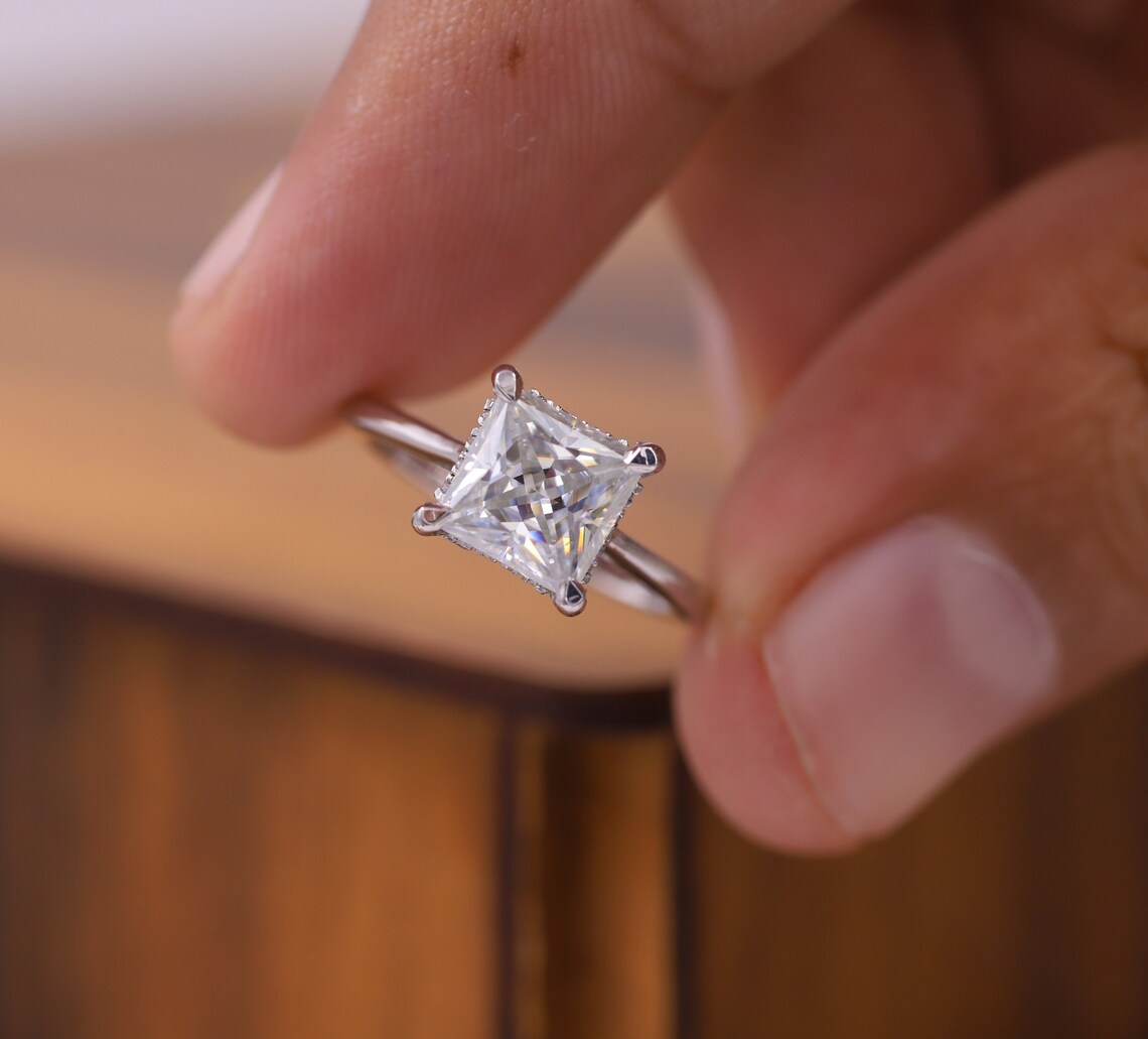 Silken 14K White Gold Princess Cut Diamond Solitaire Ring for Women Square Center Stone Minimalist Engagement Style Fine Jewelry Gift Princess Cut Square Center Stone Sleek Solitaire Fine Jewelry Design