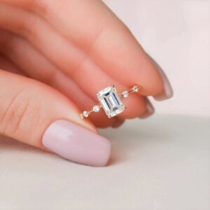 Aurora Gleam 14K Gold Emerald Cut Diamond Ring for Women Three Stone Style with Side Accents Fine Jewelry Minimalist Engagement Gift, Modern Elegant Bridal Ring, Fine Jewelry Gift for Her