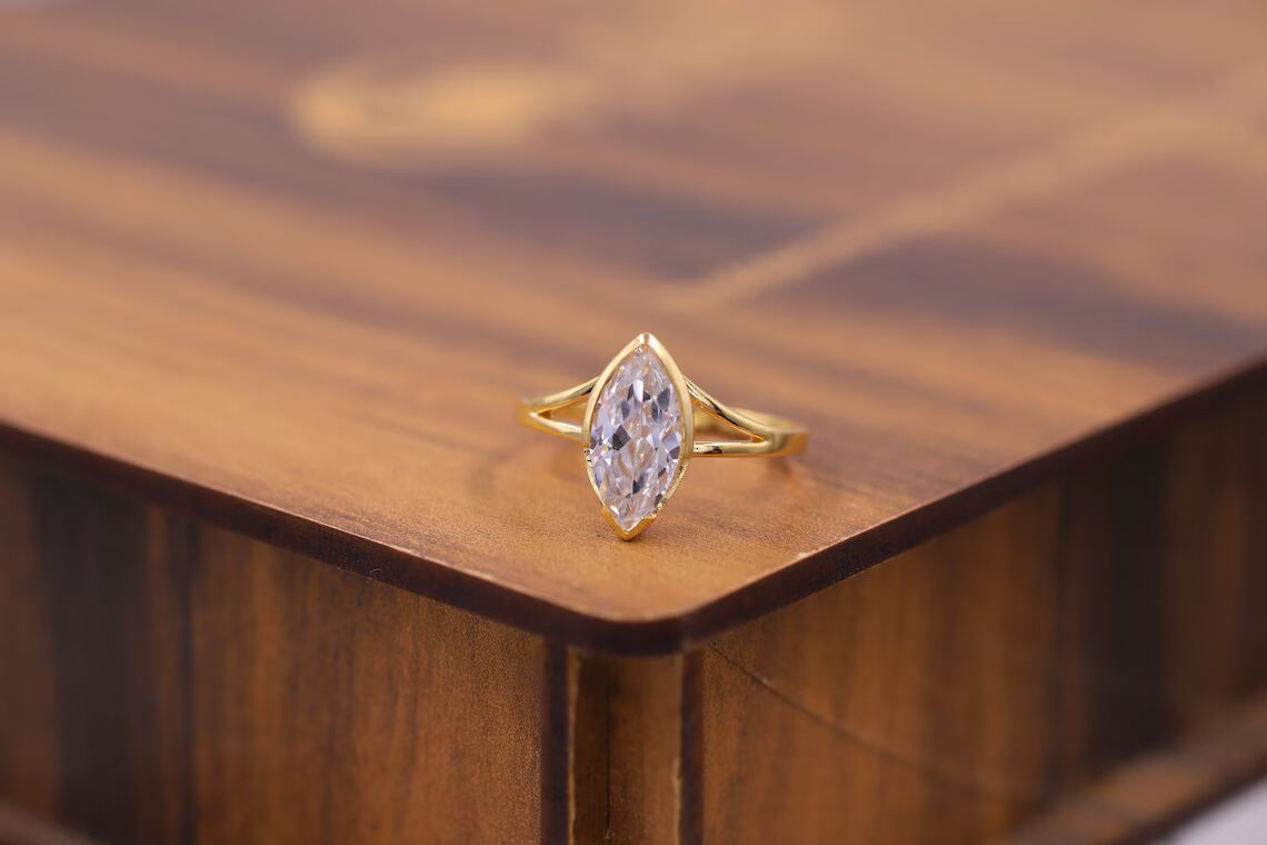 Elongara 14K Gold Diamond Ring for Women Featuring Marquise Cut Center Stone Sleek Solitaire Fine Jewelry for Proposal, Dainty Modern Bridal Ring, Unique Fine Jewelry Gift for Her