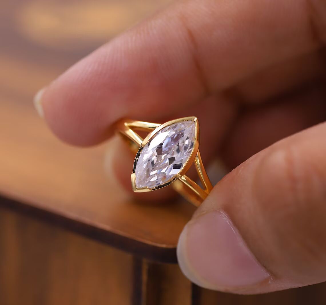 Elongara 14K Gold Diamond Ring for Women Featuring Marquise Cut Center Stone Sleek Solitaire Fine Jewelry for Proposal, Dainty Modern Bridal Ring, Unique Fine Jewelry Gift for Her - Image 2