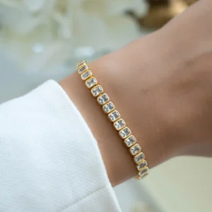 Radiant 14K Yellow Gold Square Cut Diamond Bracelet with Bezel Framed Stones, Contemporary Geometric Tennis Design, Sleek Everyday Luxury Wrist Jewelry