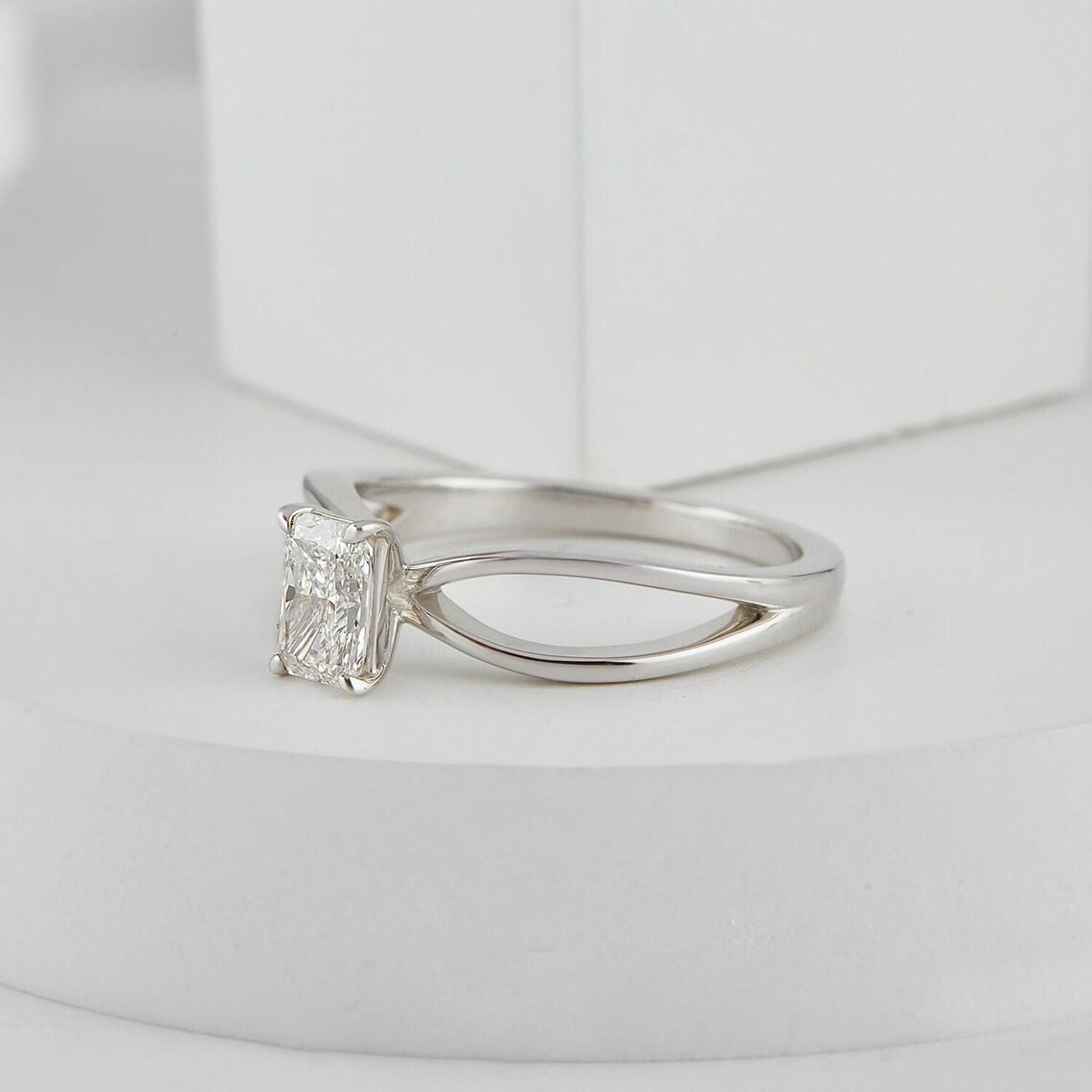 Aurielle Elegant 14K White Gold Engagement Ring with Radiant Cut Diamond Center Stone, Four Prong Setting, Criss Cross Split Band Design, Minimalist Modern Bridal Ring, Dainty Fine Jewelry Gift for Her - Image 6