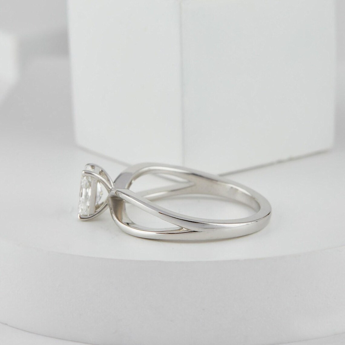 Aurielle Elegant 14K White Gold Engagement Ring with Radiant Cut Diamond Center Stone, Four Prong Setting, Criss Cross Split Band Design, Minimalist Modern Bridal Ring, Dainty Fine Jewelry Gift for Her - Image 3