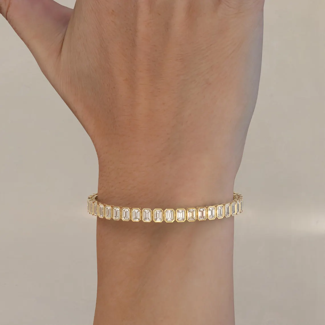 Contemporary Step Cut Diamond Bracelet in Yellow Gold Minimalist Emerald Shape Link Bracelet with Bezel Setting, Elegant Fine Jewelry Statement Piece