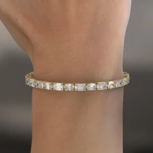 Luxury Alternating Oval & Emerald Cut Diamond Tennis Bracelet in Solid Yellow Gold Designer Mixed Shape Fine Jewelry, Elegant Statement Bracelet for Women, Wedding & Anniversary Gift