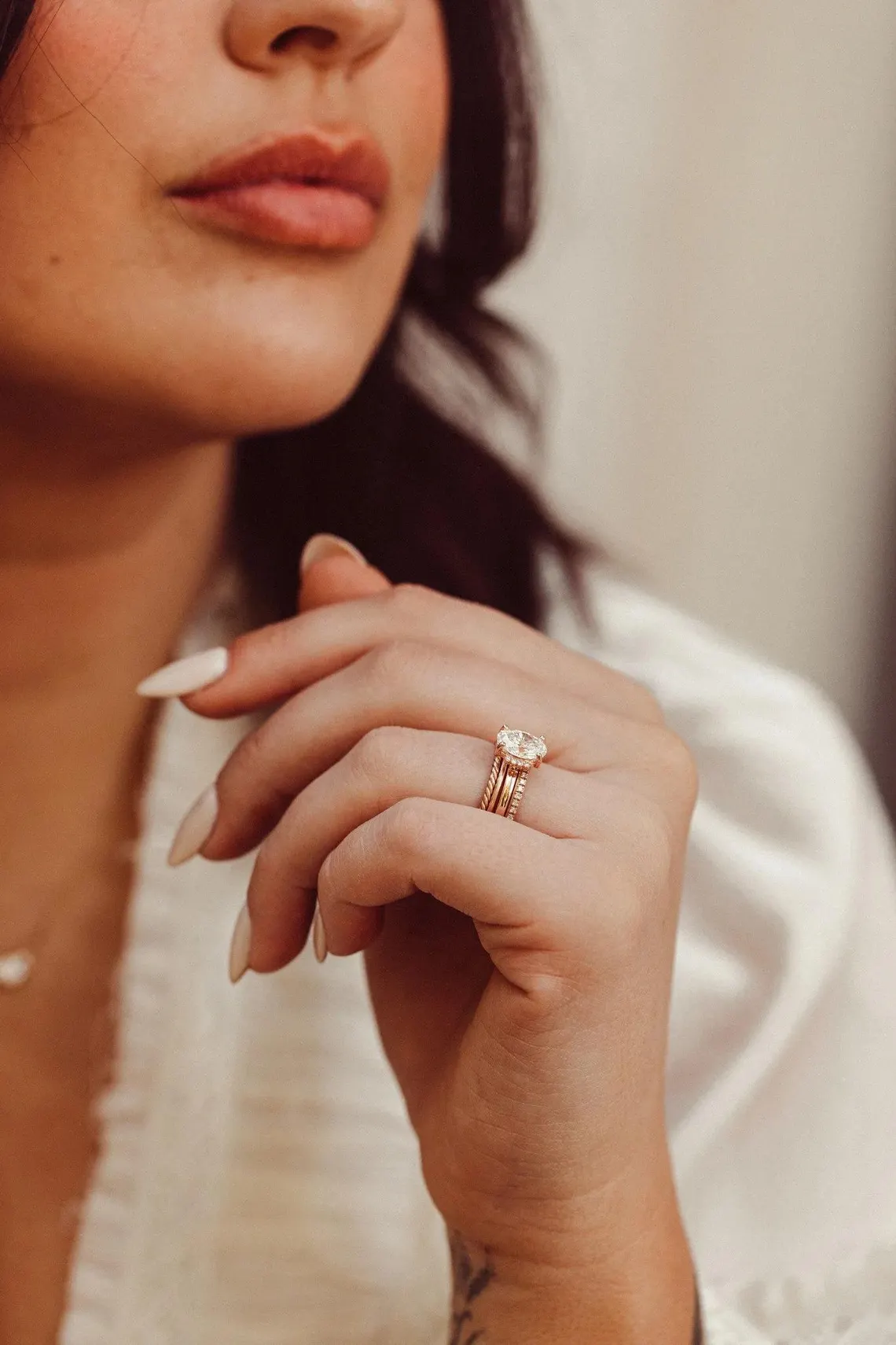 Duo band silver ring showcasing a moissanite with surrounding brilliance A look that blends structure with a rich, multi band aesthetic Perfect for a statement style with refined sparkle - Image 4