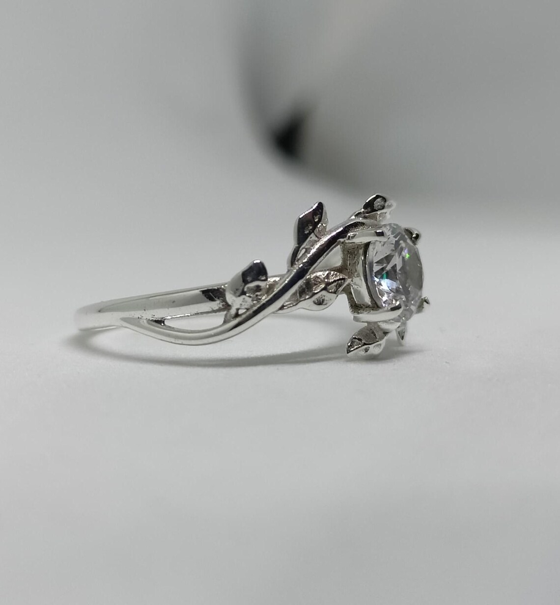 Nature Inspired Round Cut Moissanite Engagement Ring in Silver Unique Leaf Vine Design with Intricate Branch Detailing, Elegant Organic Style, Delicate Yet Eye Catching Bridal Jewelry for Women - Image 4