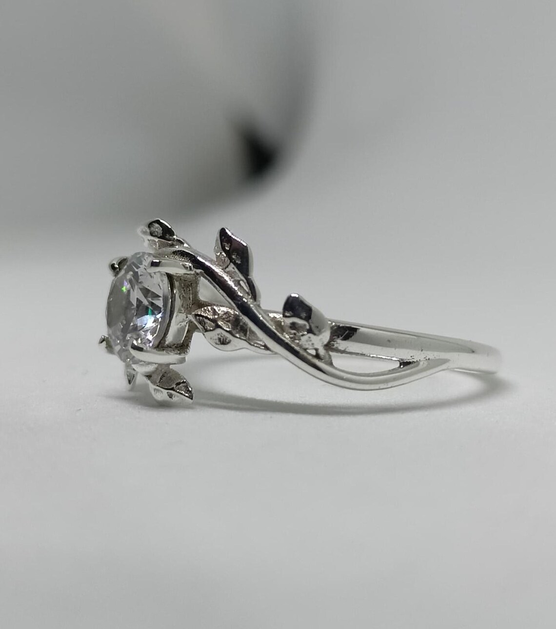 Nature Inspired Round Cut Moissanite Engagement Ring in Silver Unique Leaf Vine Design with Intricate Branch Detailing, Elegant Organic Style, Delicate Yet Eye Catching Bridal Jewelry for Women - Image 3