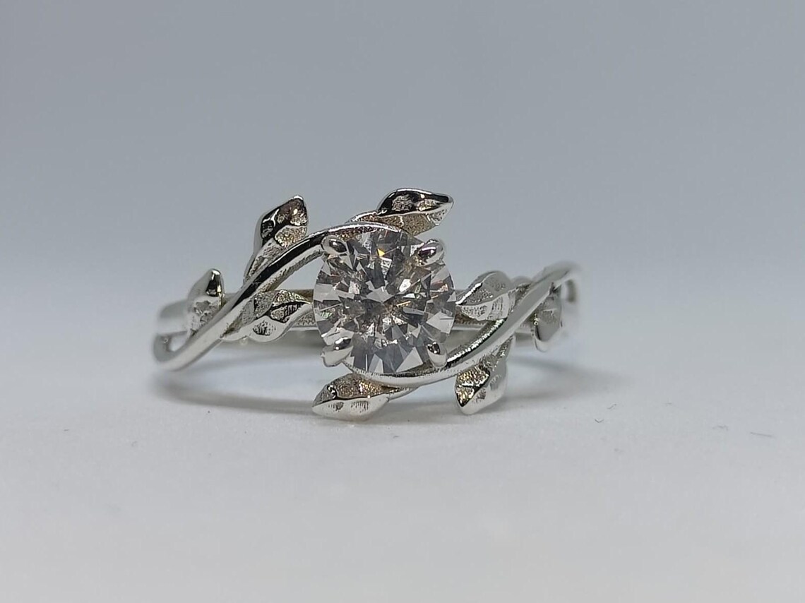 Nature Inspired Round Cut Moissanite Engagement Ring in Silver Unique Leaf Vine Design with Intricate Branch Detailing, Elegant Organic Style, Delicate Yet Eye Catching Bridal Jewelry for Women - Image 2