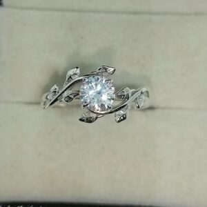 Nature Inspired Round Cut Moissanite Engagement Ring in Silver Unique Leaf Vine Design with Intricate Branch Detailing, Elegant Organic Style, Delicate Yet Eye Catching Bridal Jewelry for Women