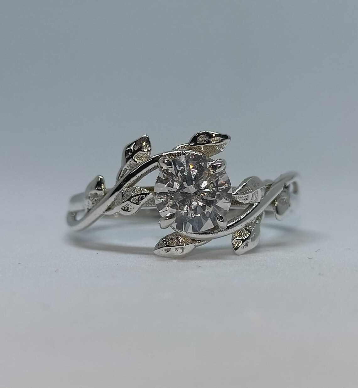 Nature Inspired Round Cut Moissanite Engagement Ring in Silver Unique Leaf Vine Design with Intricate Branch Detailing, Elegant Organic Style, Delicate Yet Eye Catching Bridal Jewelry for Women - Image 6