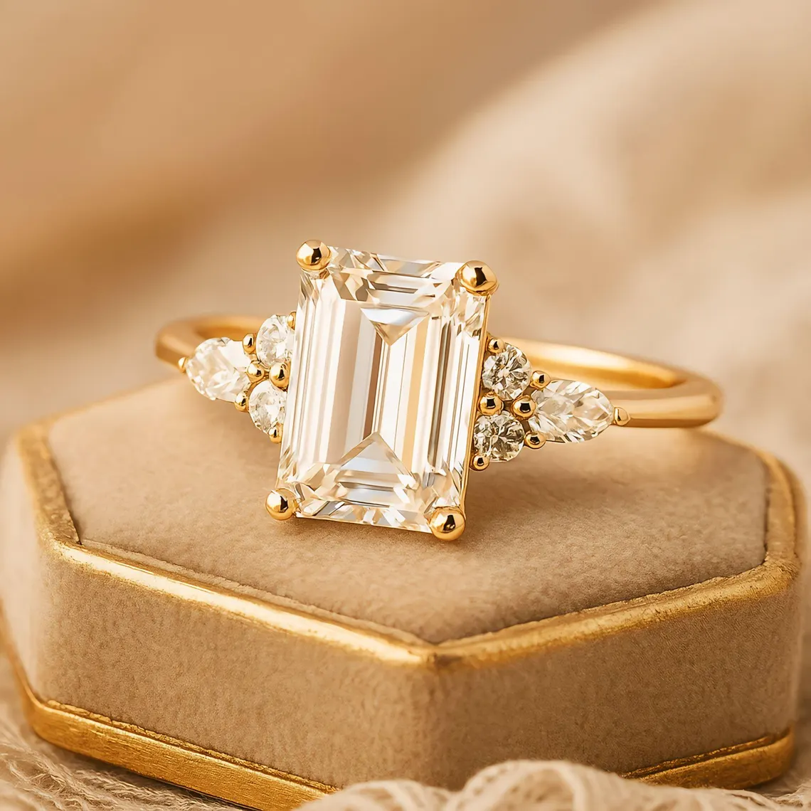 Silver band featuring a step cut moissanite with soft pear detailing on the sides A ring that blends structure with graceful contrast Perfect for a luxe composition with artistic depth - Image 3
