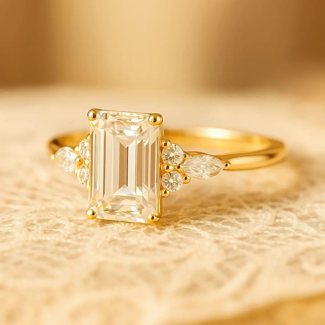 Silver band featuring a step cut moissanite with soft pear detailing on the sides A ring that blends structure with graceful contrast Perfect for a luxe composition with artistic depth - Image 4