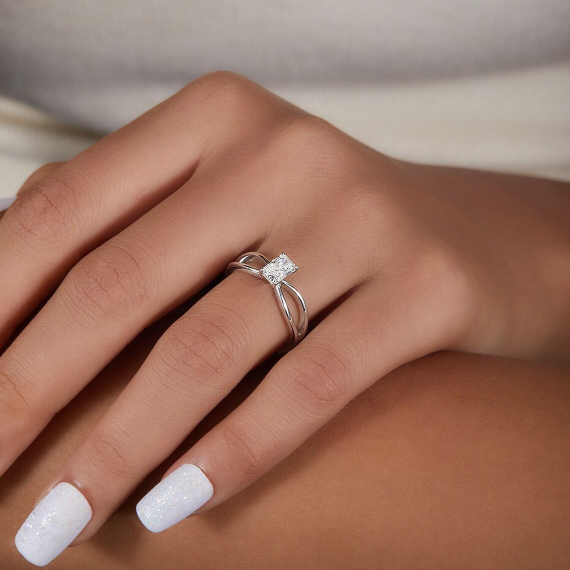 Aurielle Elegant 14K White Gold Engagement Ring with Radiant Cut Diamond Center Stone, Four Prong Setting, Criss Cross Split Band Design, Minimalist Modern Bridal Ring, Dainty Fine Jewelry Gift for Her - Image 2