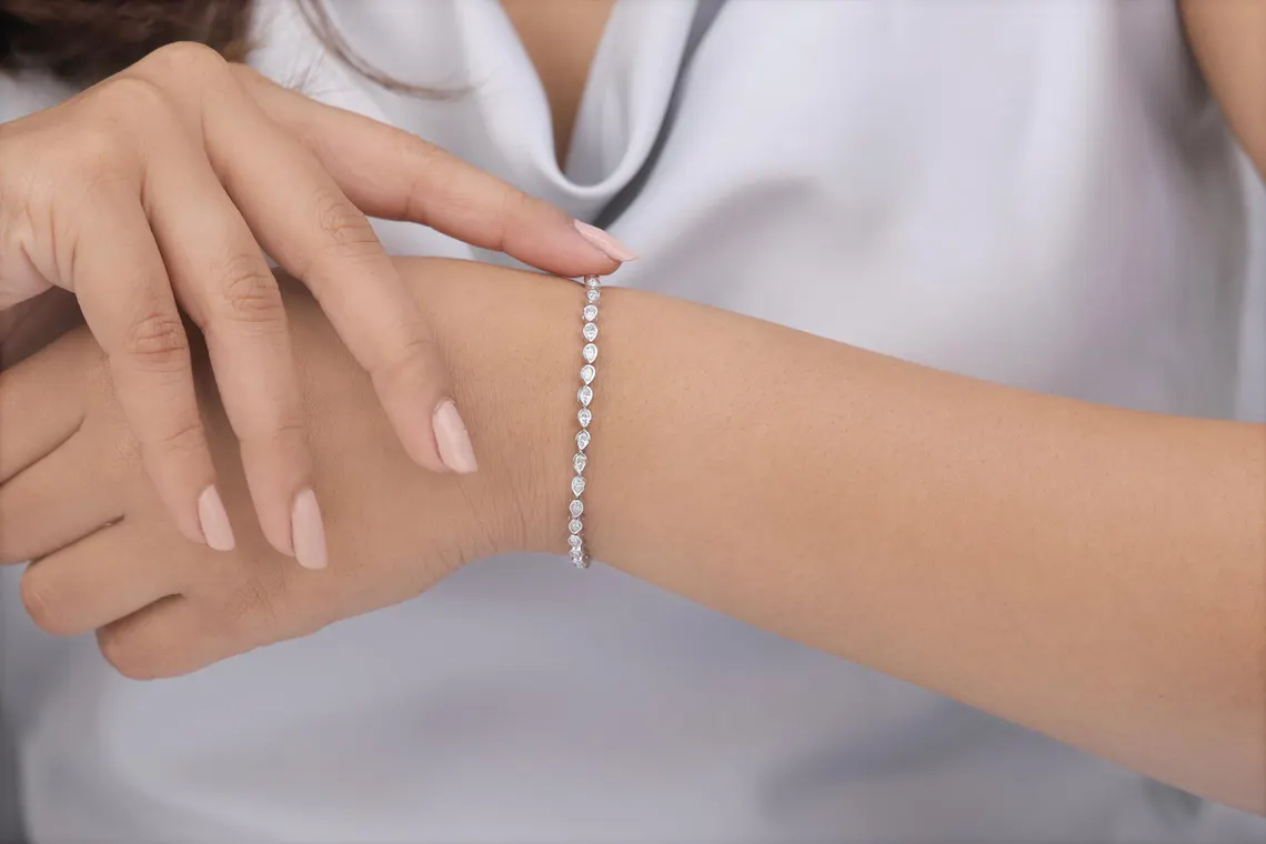 Slim Stackable Diamond Bracelet with Pear Cut Stones, Modern Chic Design, High Polish Finish with Secure Clasp for Daily Wear Everyday Luxury Wedding & Anniversary Gift - Image 2