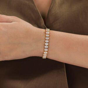 Refined 14K Yellow Gold Oval Diamond Bracelet Featuring Bezel Set Brilliant Cut Stones, Sleek Contemporary Tennis Style Jewelry Elegant Gift for Anniversary Birthday or Special Occasion