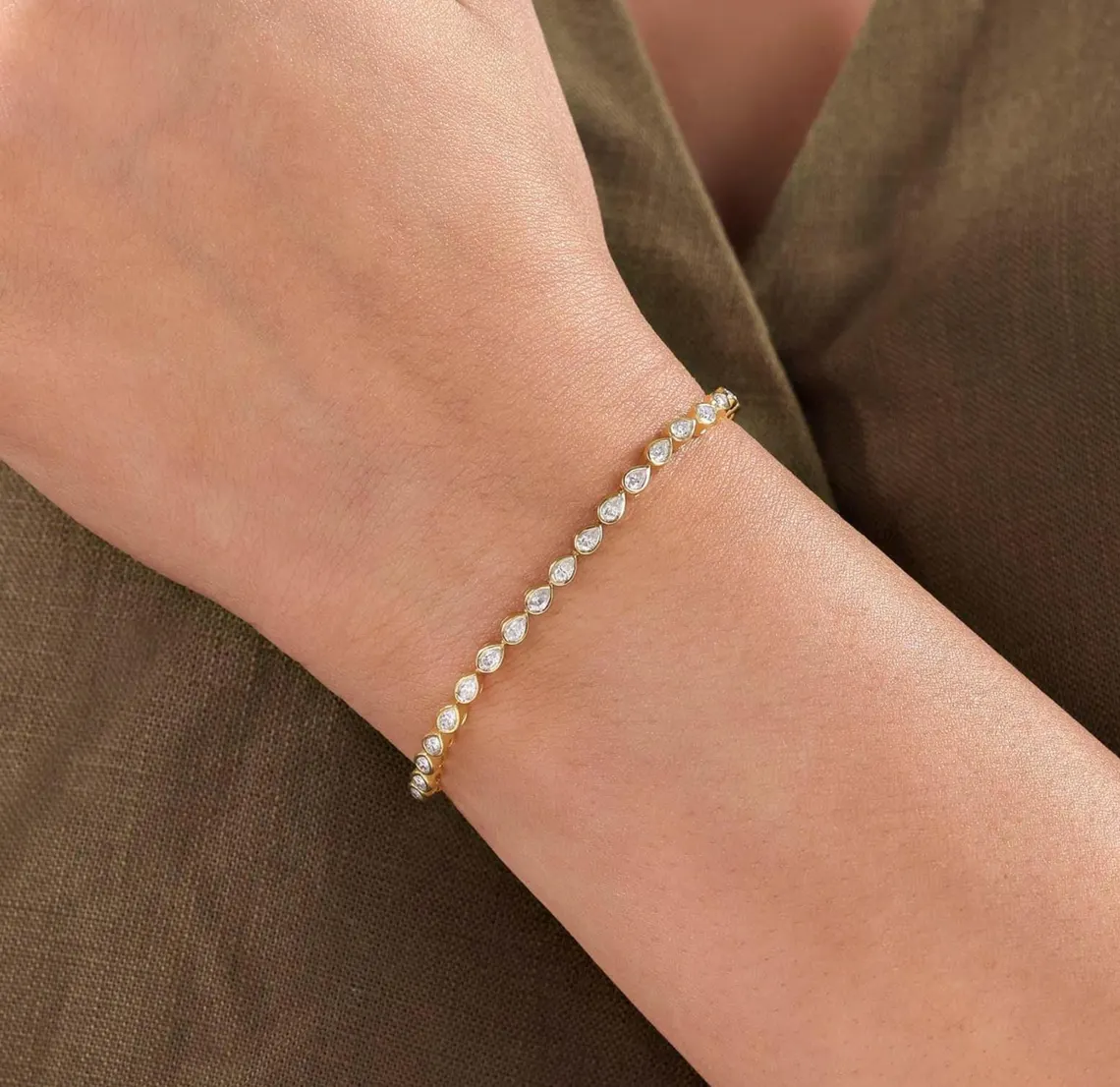 Slim Stackable Diamond Bracelet with Pear Cut Stones, Modern Chic Design, High Polish Finish with Secure Clasp for Daily Wear Everyday Luxury Wedding & Anniversary Gift