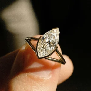 Unique Marquise Shaped Diamond Engagement Ring in Solid 14k Yellow Gold Elegant Bezel Set Solitaire Ring with Modern Minimalist Open Band Design for Women