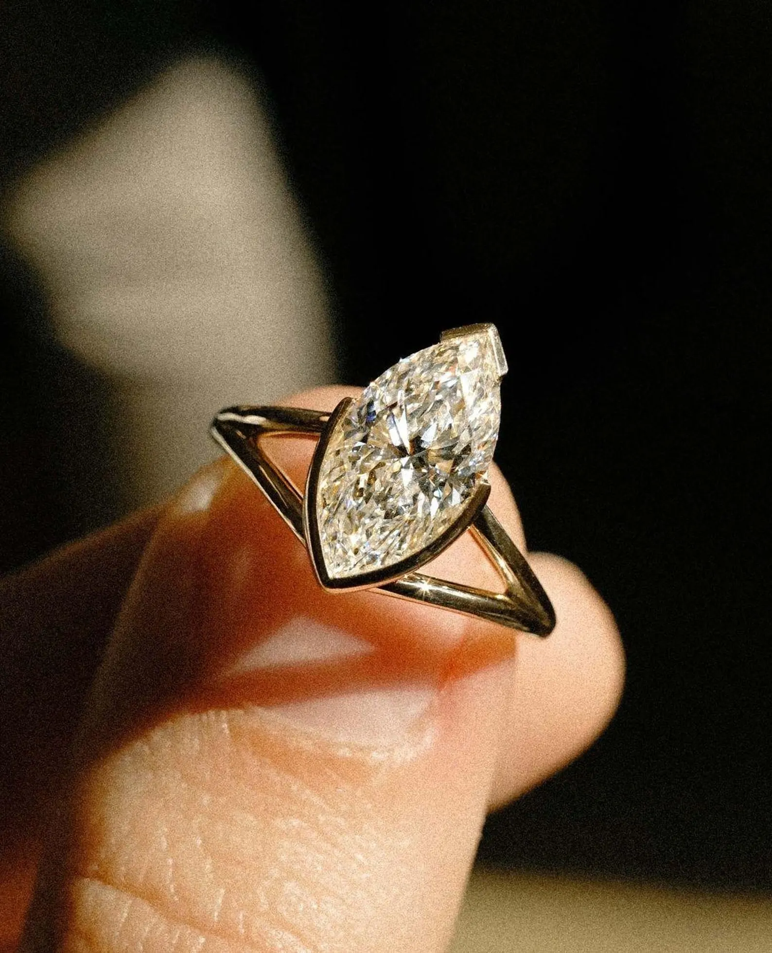 Unique Marquise Shaped Diamond Engagement Ring in Solid 14k Yellow Gold Elegant Bezel Set Solitaire Ring with Modern Minimalist Open Band Design for Women