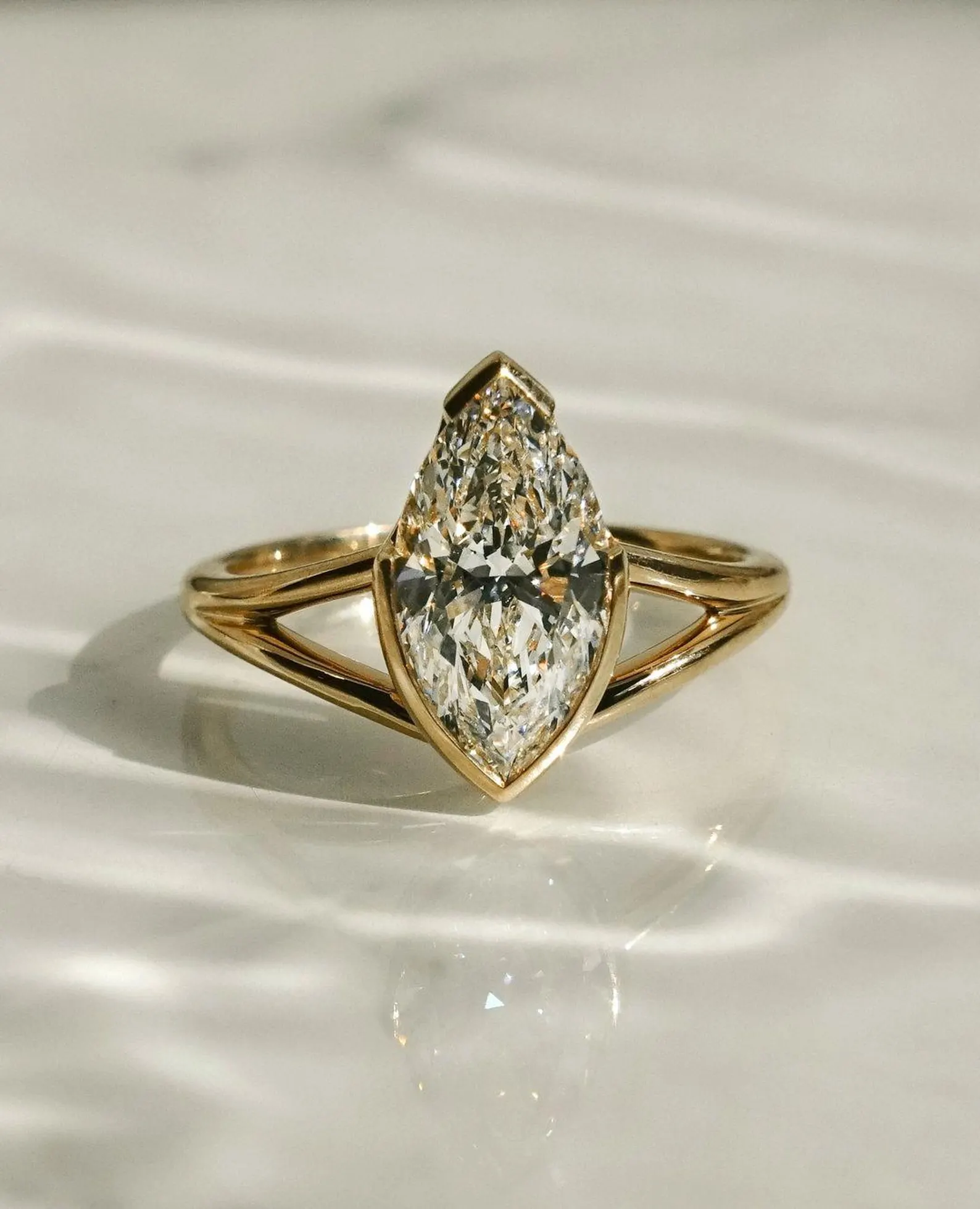 Unique Marquise Shaped Diamond Engagement Ring in Solid 14k Yellow Gold Elegant Bezel Set Solitaire Ring with Modern Minimalist Open Band Design for Women - Image 3