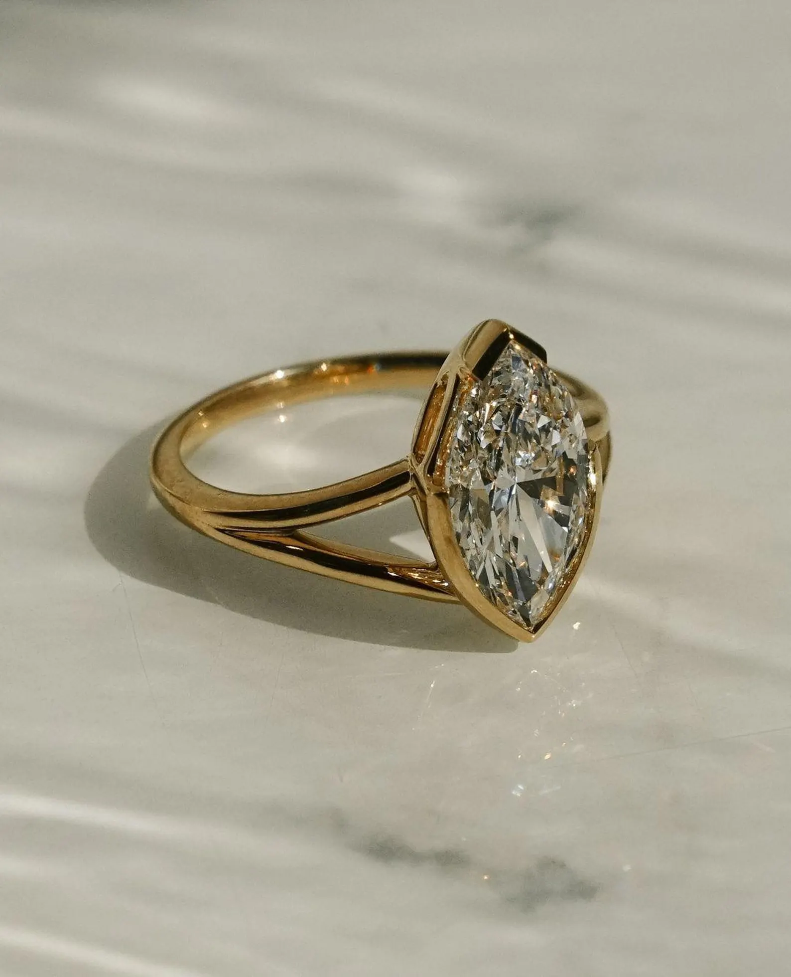 Unique Marquise Shaped Diamond Engagement Ring in Solid 14k Yellow Gold Elegant Bezel Set Solitaire Ring with Modern Minimalist Open Band Design for Women - Image 5