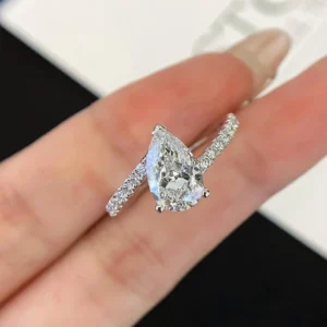 14k Solid White Gold Stunning Pear Shaped Diamond Engagement Ring in with Pavé Diamond Band Elegant Teardrop Solitaire Ring with Micro Pavé Side Diamonds for Women