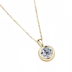Premium 14K Gold Lightweight Minimalist Fine Jewelry Gift for Women Anniversary Birthday Special Occasion Elegant Round Brilliant Solitaire Diamond Pendant Necklace in Solid Gold with Bezel Setting and High Sparkle Finish