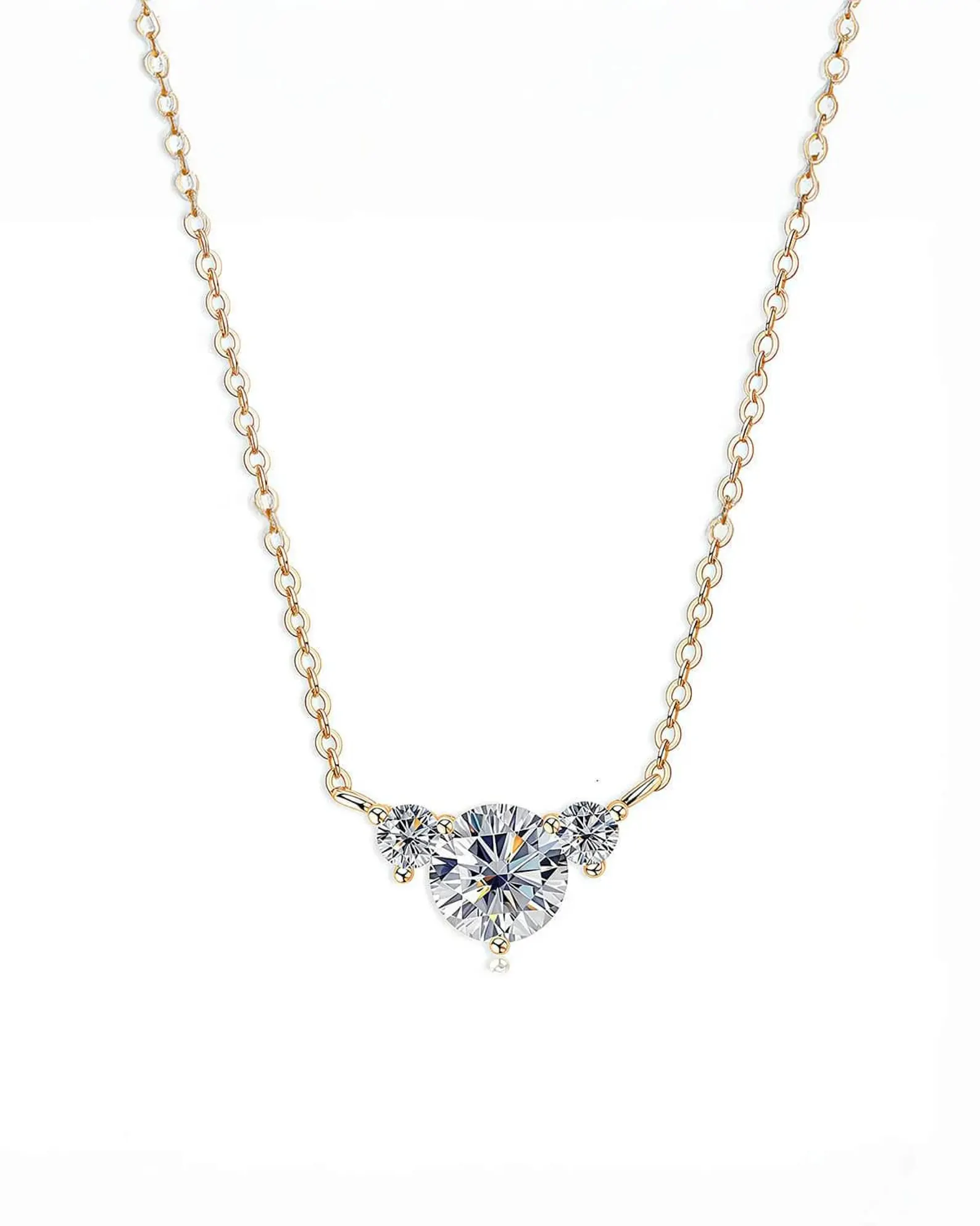 Trio Diamond Necklace Set in 14k Yellow Gold Round Brilliant Center with Accent Stones Dainty Fine Jewelry Gift Three Diamond Pendant Necklace Symbolic Design Elegant Minimal Chain Sophisticated Everyday Wear - Image 6