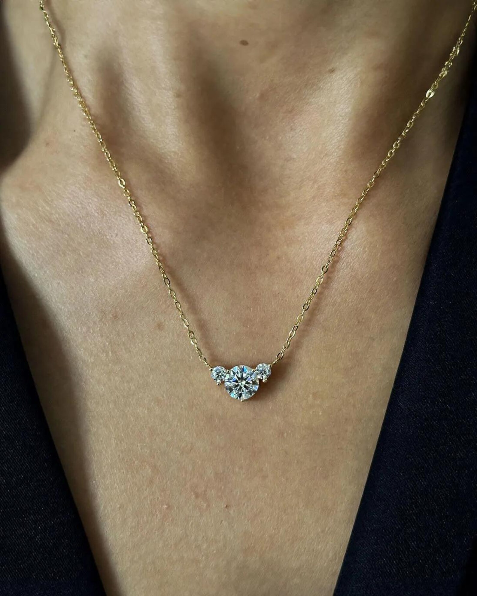 Trio Diamond Necklace Set in 14k Yellow Gold Round Brilliant Center with Accent Stones Dainty Fine Jewelry Gift Three Diamond Pendant Necklace Symbolic Design Elegant Minimal Chain Sophisticated Everyday Wear - Image 2