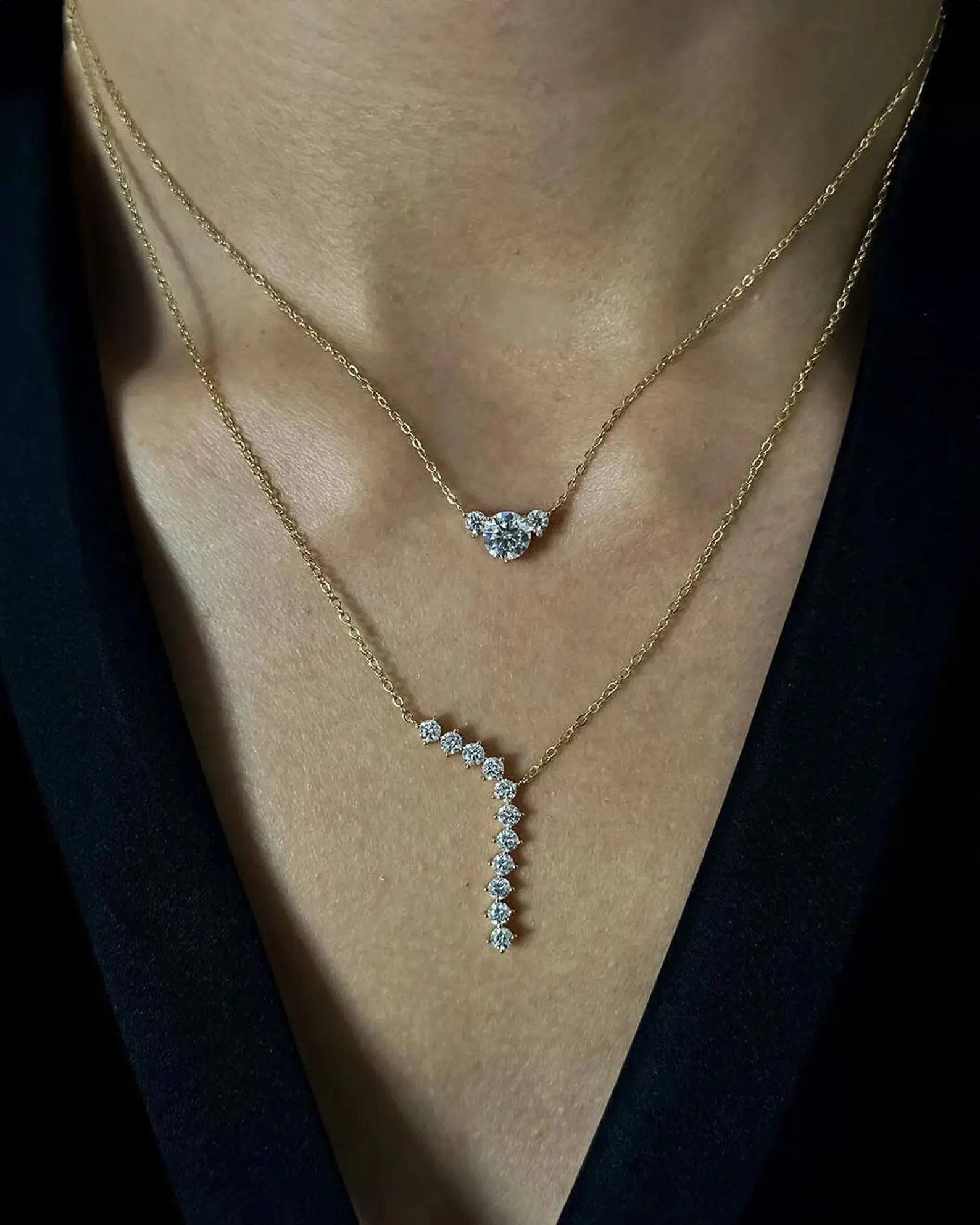 Trio Diamond Necklace Set in 14k Yellow Gold Round Brilliant Center with Accent Stones Dainty Fine Jewelry Gift Three Diamond Pendant Necklace Symbolic Design Elegant Minimal Chain Sophisticated Everyday Wear - Image 5