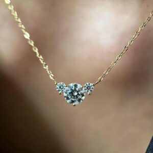 Trio Diamond Necklace Set in 14k Yellow Gold Round Brilliant Center with Accent Stones Dainty Fine Jewelry Gift Three Diamond Pendant Necklace Symbolic Design Elegant Minimal Chain Sophisticated Everyday Wear